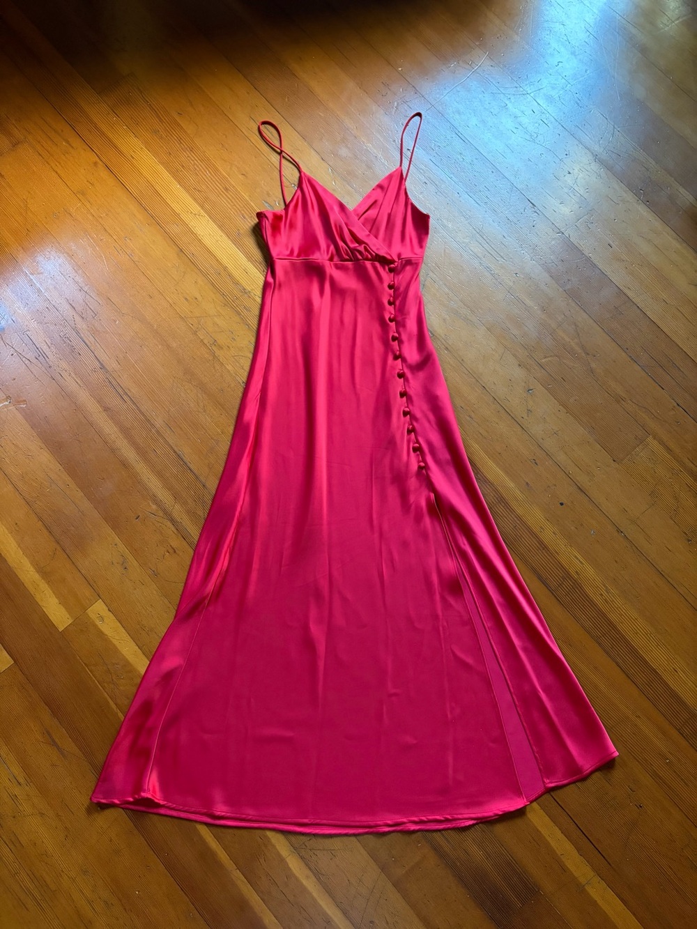 Zara Red Satin Maxi Slip Dress with Side Button Detail